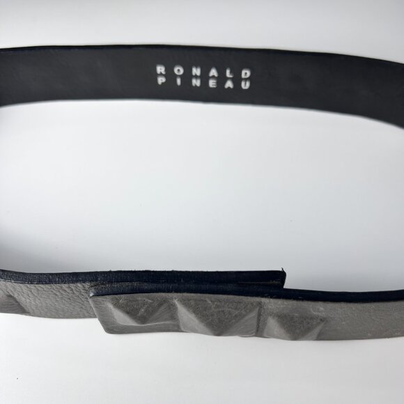 RONALD PINEAU Studded Gray Leather Belt with Snap Closure 
